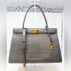 Tory Burch Lee Radziwill Satchel Gray Crocodile Embossed Leather Handbag in Zinc